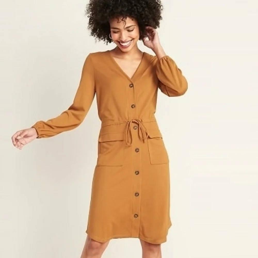 OLD NAVY Waist-Defined Ponte-Knit Utility Midi Dress, Goldie Fawn, Size Large